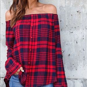 Red Lattice Off The Shoulder Loose Shirt